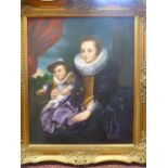 Oil on Canvas depicting a Portrait scene of a Mother and her baby in Edwardian Attire. Mounted in
