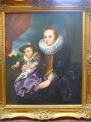 Oil on Canvas depicting a Portrait scene of a Mother and her baby in Edwardian Attire. Mounted in