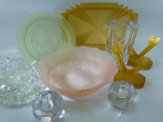 Art Deco glassware to include Orrefors candlesticks, Amber art Deco candle sticks and tray, and a - Image 2 of 14