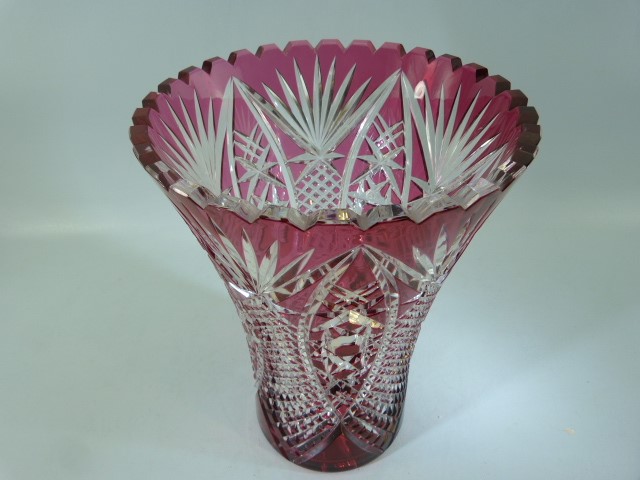 Bohemian crystal cranberry flash overlay glass vase with star cut base. - Image 2 of 3