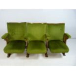 Set of three folding 20th century Cinema theatre seats with cast iron ends and green Velour