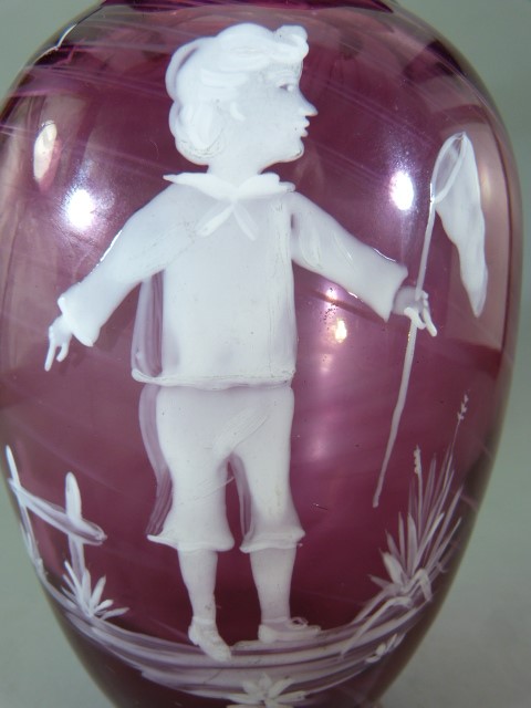 Victorian flared top cranberry glass vase with spiralled trailing white glass throughout. Painted - Image 3 of 6