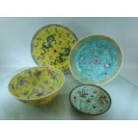 Japanese Enamel ware - to include two plates, Bowl and a lead lined tea bowl. All with marks to