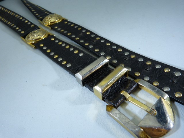 Rare early 90s Versace belt, black leather with gold and silver studs and medusa head buckles. - Image 5 of 9