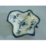 Early Worcester leaf shaped Pickle dish in blue and White with Crescent mark to base. 9cm long
