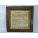 19th Century sampler showing 'The Lords Prayer' by Caroline Tovey September 20th 1838 Aged 10