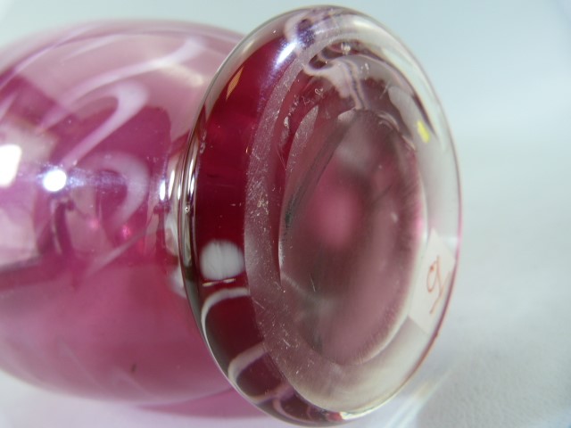 Victorian flared top cranberry glass vase with spiralled trailing white glass throughout. Painted - Image 6 of 6