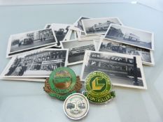 Transport Interest - Selection of photographs of vintage buses, along with three badges.