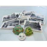 Transport Interest - Selection of photographs of vintage buses, along with three badges.