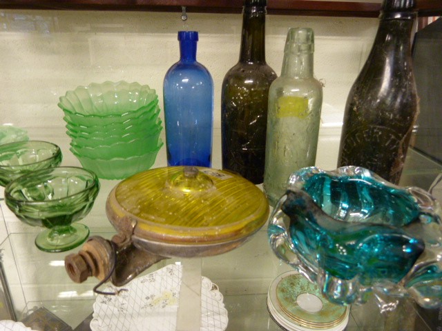 Art Deco and Antique glassware - Green Art Deco dessert set and various antique glass bottles