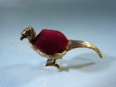 Copper pin cushion in the form of a pheasant