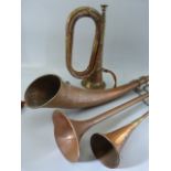 Selection of Copper Horns with brass mounts - to include two hunting horns, bugle and one other