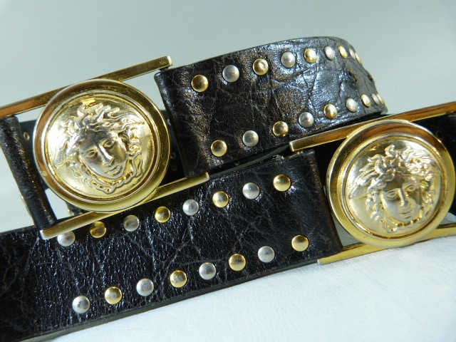 Rare early 90s Versace belt, black leather with gold and silver studs and medusa head buckles. - Image 2 of 9