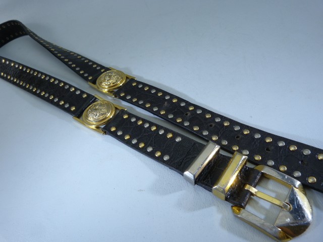 Rare early 90s Versace belt, black leather with gold and silver studs and medusa head buckles. - Image 4 of 9