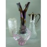 Glassware to include a Lustre Style Murano vase, moulded glass decanter with silver plate top, Two