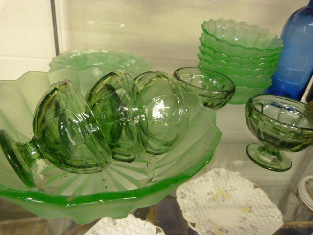 Art Deco and Antique glassware - Green Art Deco dessert set and various antique glass bottles - Image 2 of 4