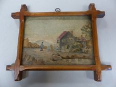 18th Century Needlework panel depicting a country house and farmer. Needle work raised in some areas