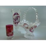 Glassware to include a sweetmeat bowl and matching vase with cranberry overlay depicting a bird