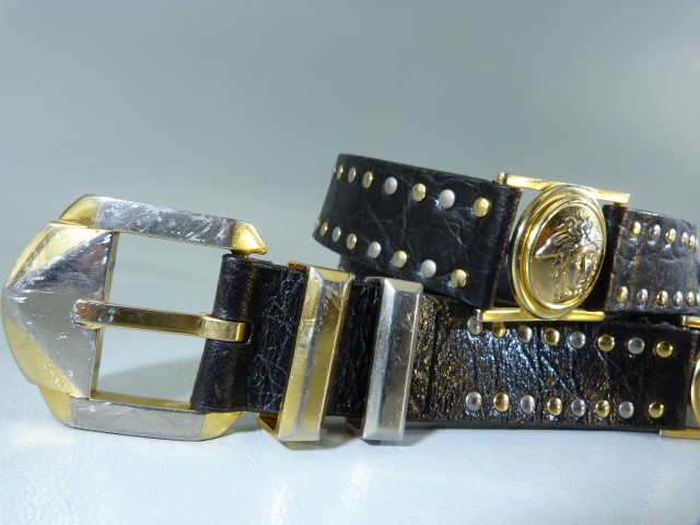 Rare early 90s Versace belt, black leather with gold and silver studs and medusa head buckles. - Image 3 of 9