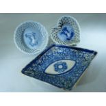 Unusual pair of early blue and white lattice pearlware trinket dishes along with a transfer ware