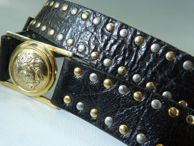 Rare early 90s Versace belt, black leather with gold and silver studs and medusa head buckles. - Image 8 of 9