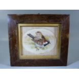 Victorian oil on Ivory of two English birds. Signed L Hughes? Mounted in an oak frame