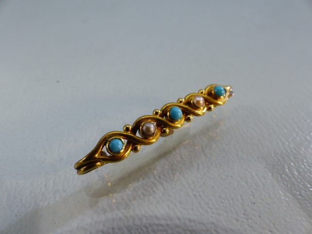 Gold (possibly 18ct) Turquoise and Seed Pearl bar brooch - Image 2 of 6
