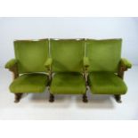 Set of Three Folding 20th century Cinema theatre seats with cast iron ends and green Velour