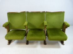 Set of Three Folding 20th century Cinema theatre seats with cast iron ends and green Velour