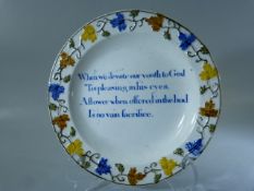 Prattware Staffordshire childrens plate. With floral trailing border and blue transfer writing to