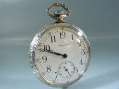 Good Waltham Silverplated pocket watch. Enamelled dial with Subsidiary face