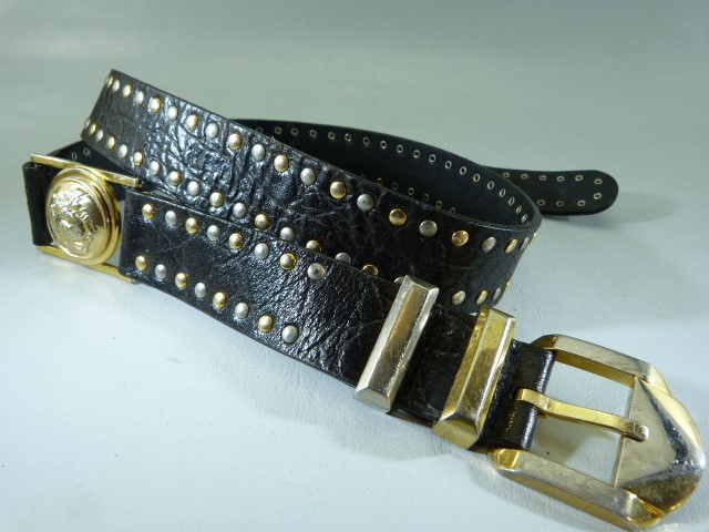 Rare early 90s Versace belt, black leather with gold and silver studs and medusa head buckles. - Image 7 of 9