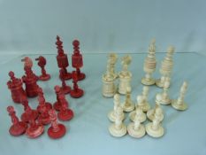 Victorian Turned Bone Chess Set - complete in Red and White
