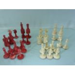 Victorian Turned Bone Chess Set - complete in Red and White