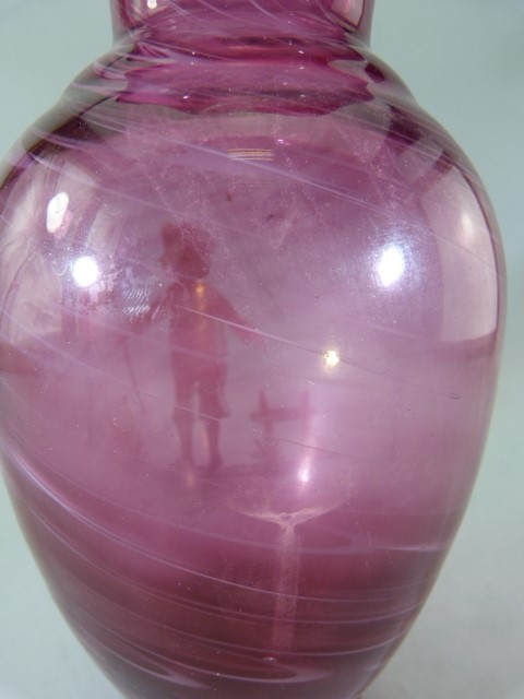 Victorian flared top cranberry glass vase with spiralled trailing white glass throughout. Painted - Image 5 of 6