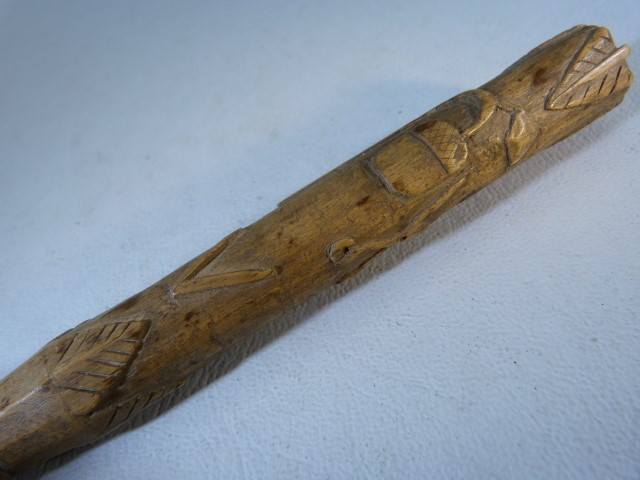 Early knitting sheath depicting acorns, scissors and Foliage. Handcarved with initials. c.1820's - Image 3 of 6