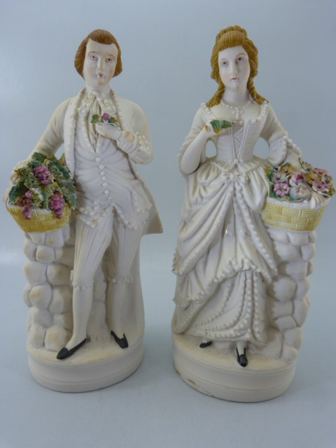 Parian figures - Lady and a Man both carrying flowers - unmarked. - Image 2 of 8