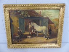 19th Century oil on board (unsigned) of a Blacksmith tending to a horse. Mounted in a Gilt frame
