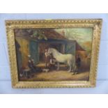 19th Century oil on board (unsigned) of a Blacksmith tending to a horse. Mounted in a Gilt frame