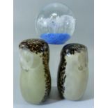 Wedgwood - Pair of glass owls along with a blue and clear glass paperweight