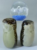 Wedgwood - Pair of glass owls along with a blue and clear glass paperweight