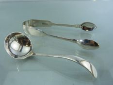 Silver Tongs hallmarked Exeter 1862 and a Silver cream ladle hallmarked Sheffield 1941