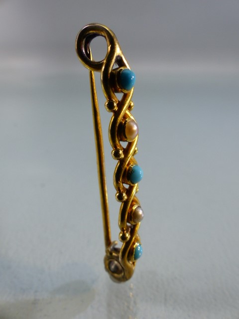 Gold (possibly 18ct) Turquoise and Seed Pearl bar brooch - Image 6 of 6