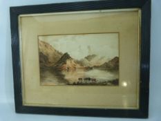 19th Century watercolour of Highland cattle amongst a lake with Hills in the Background. Unsigned.