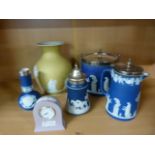 Selection of Wedgwood china to include silver topped vase, sugar shaker, biscuit barrel Mustard