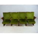 Set of four Folding 20th century Cinema theatre seats with cast iron ends and green Velour