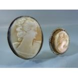 Two good Antique cameo brooches - both with backs A/F. One mother of pearl and the other Shell.