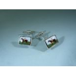 Hallmarked silver Cufflinks set with enamel panel of a horse and rider