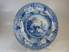 19th Century blue and white plate 'Domestic cattle'. Printed mark to back. With floral trailing
