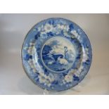 19th Century blue and white plate 'Domestic cattle'. Printed mark to back. With floral trailing